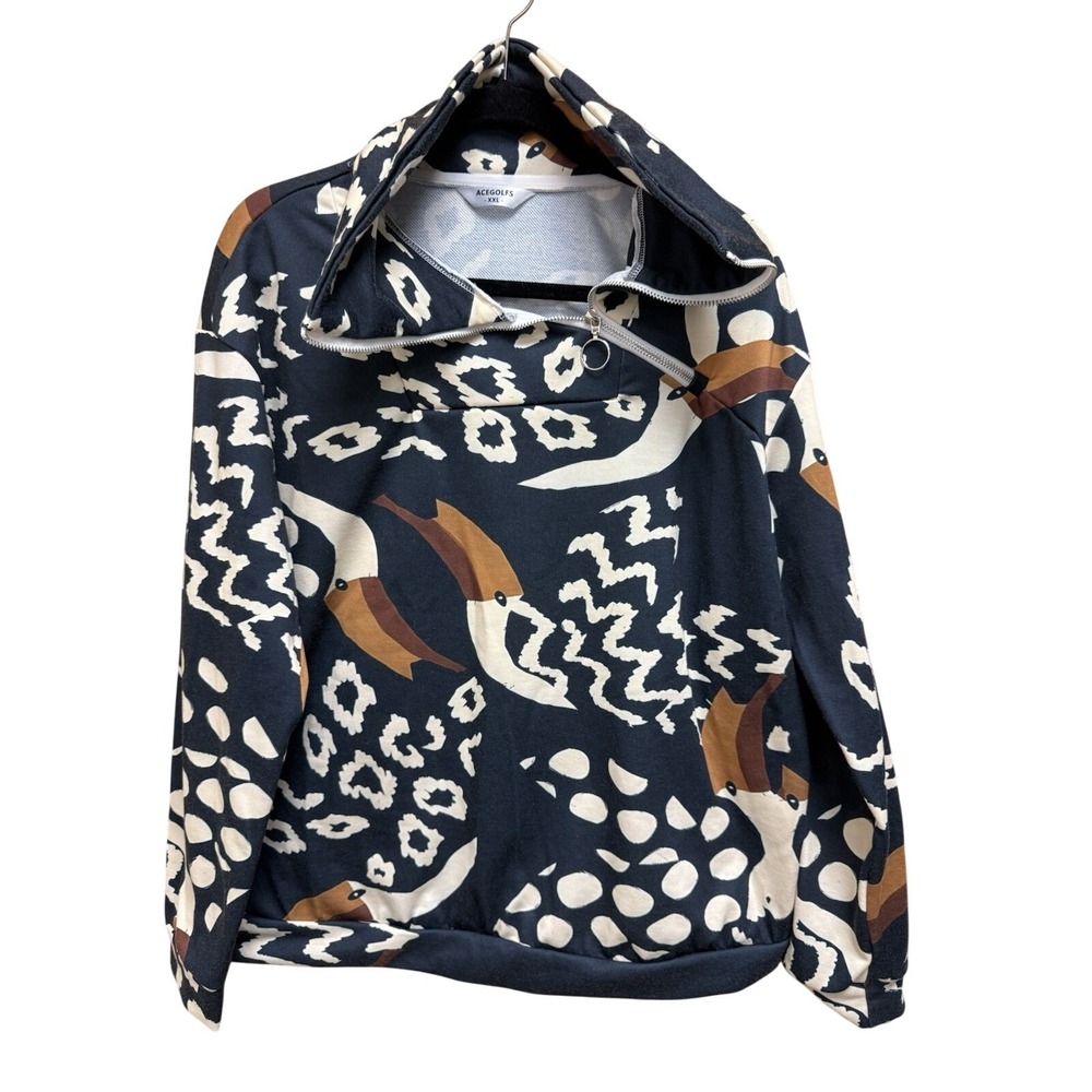 ACEGOLFS Womens XXL Abstract Bird Leopard Print Asymmetrical Zip Sweatshirt Navy
